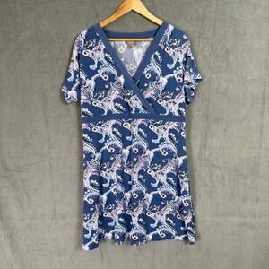 Chico's Paisley Faux Wrap Mini Dress Blue Pink Short Sleeve Jersey Knit Sz 3 XL